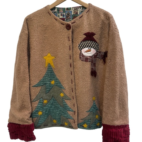 Jackets & Blazers - Vintage Snowman & Christmas Tree Sherpa Fleece Jacket Large/Extra Large